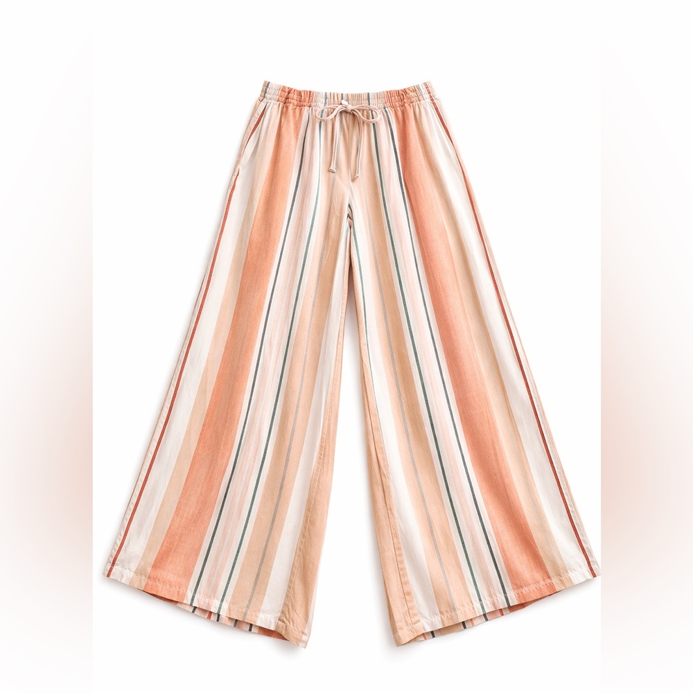 Peach & Sand Vertical Stripe Wide Leg Pants – High Rise